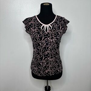 J.T.B. Black Pink Swirl Print Top Women’s S — Y2K Retro Scroll Tee